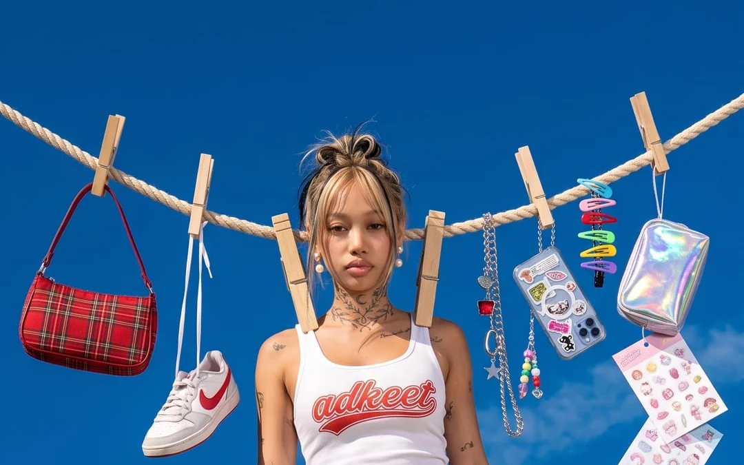 AI luxury fashion ad — model pinned to a clothesline in the sky