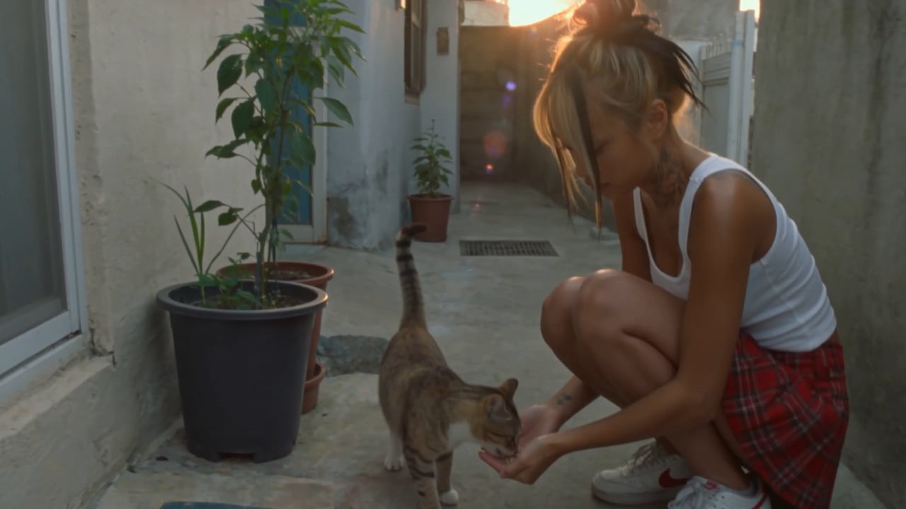 Ultra-realistic AI video still — feeding a stray cat in a quiet alley