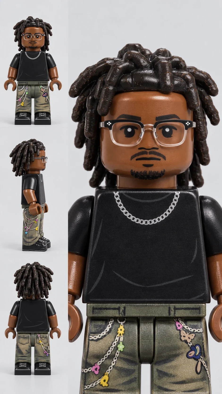 The generated character sheet: the minifigure from the front, in profile, from behind, and a close portrait