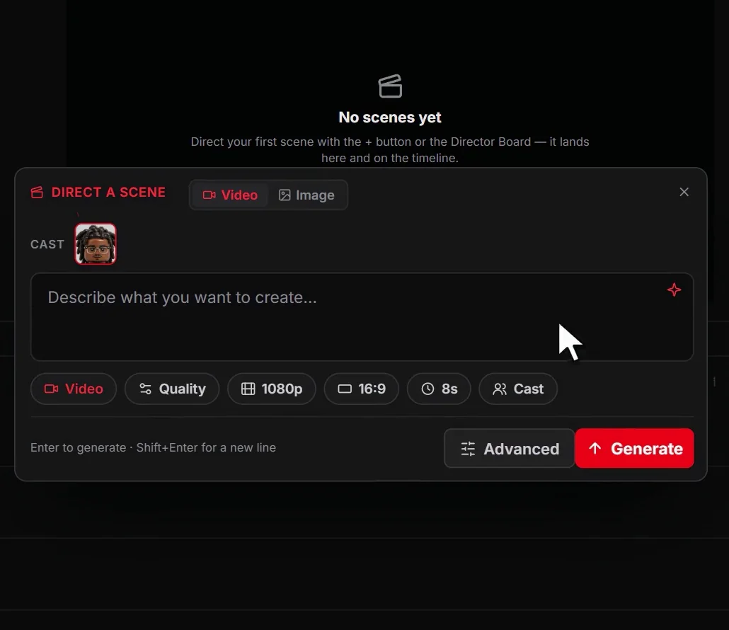 The empty project, with the scene bar open, the cast chip added and the prompt box waiting