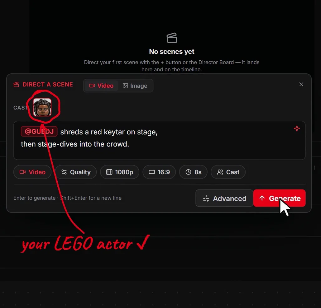 The same bar with the actor mentioned and the action typed in, under a hand-drawn note from the walkthrough circling the cast chip