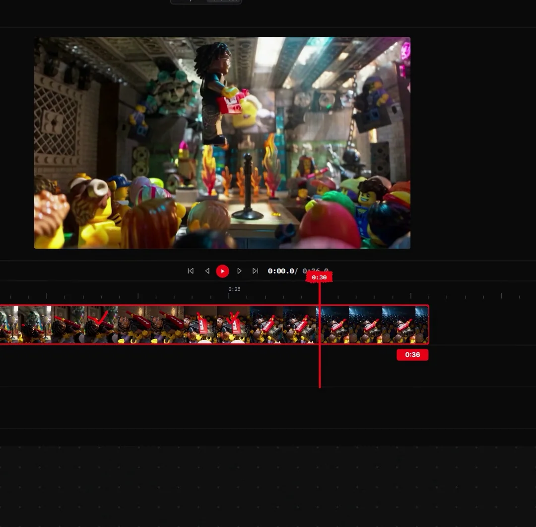 The timeline after several continuations, the scene now running well past a single generation