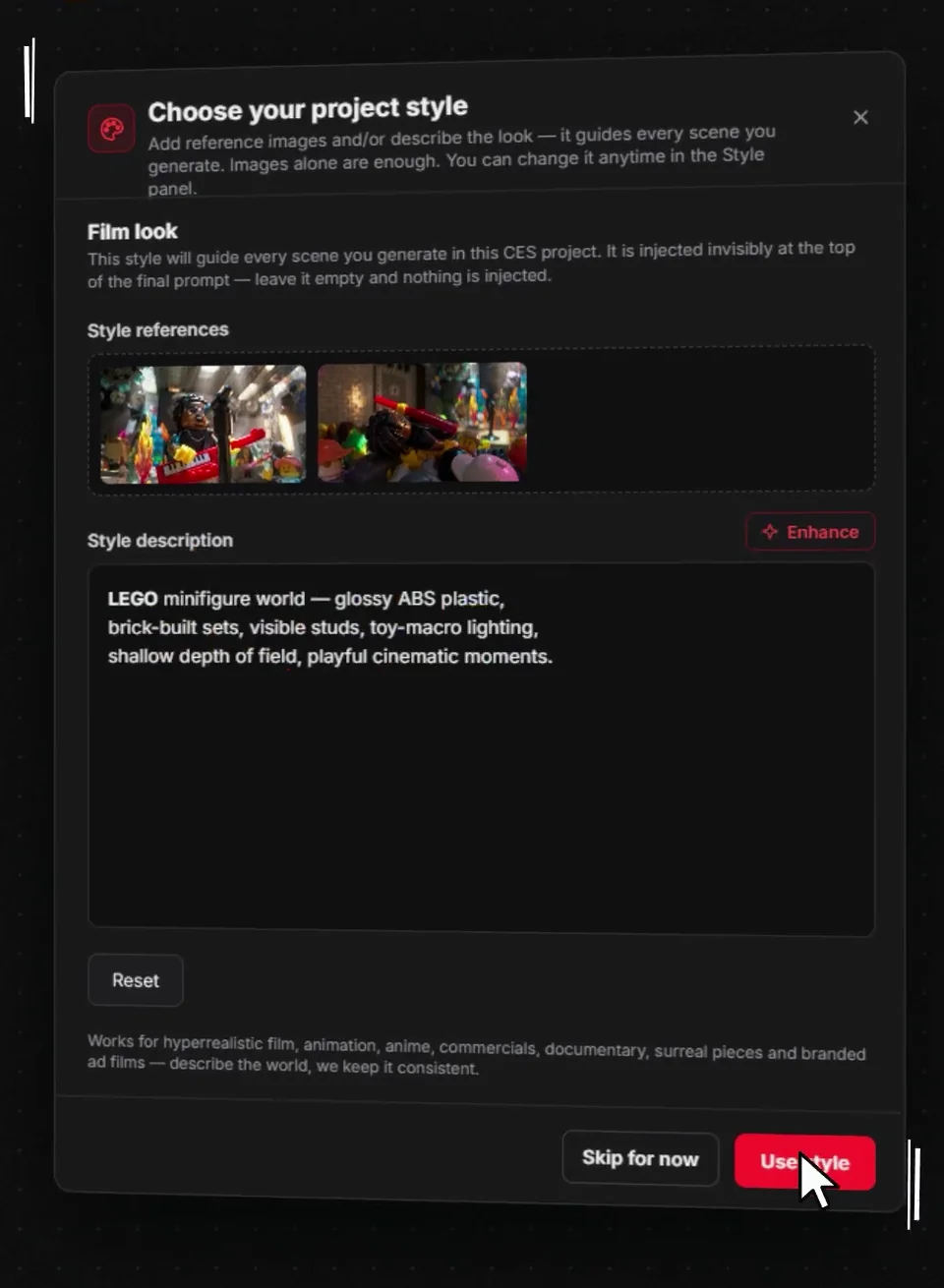 The same modal with the brick-world description typed in beneath the reference images, ready to use