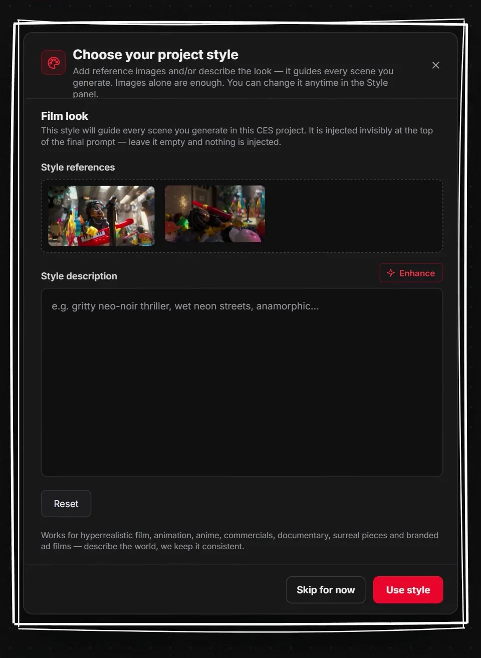 The Choose your project style modal with brick-world reference images loaded and the description still empty