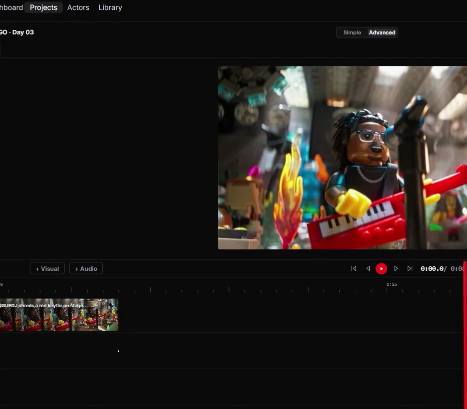 The generated brick scene playing in the preview with its clip on the timeline