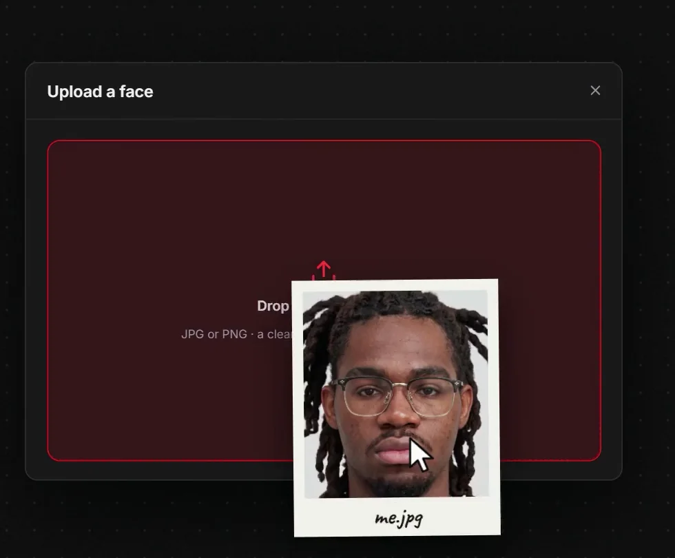 The Upload a face panel with a real photograph dropped in, ready to become an actor