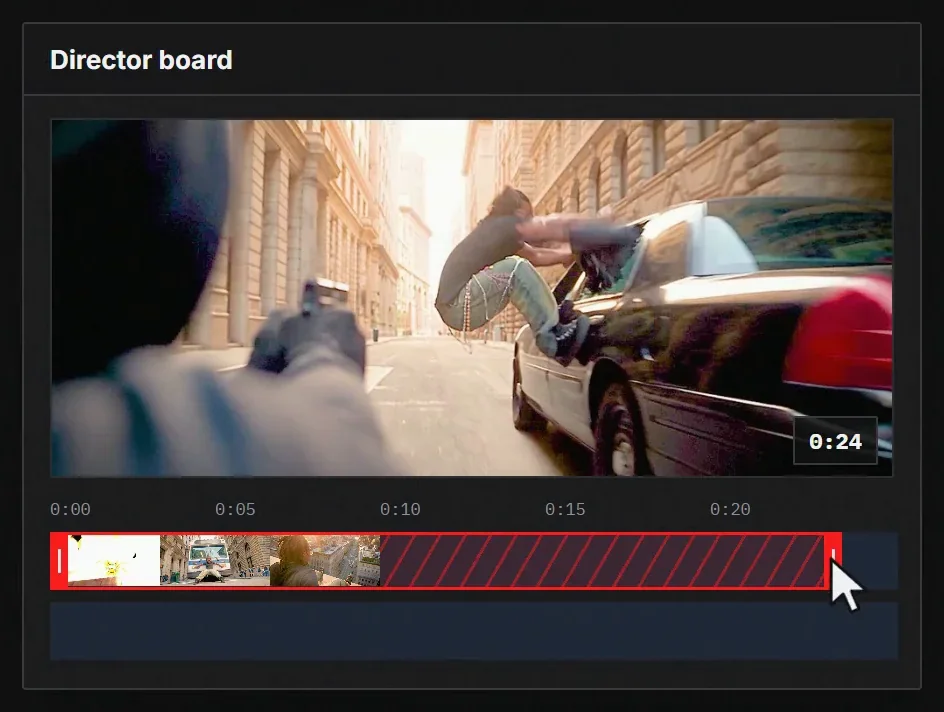 The same clip dragged out to twenty-four seconds, the extension marked on the timeline
