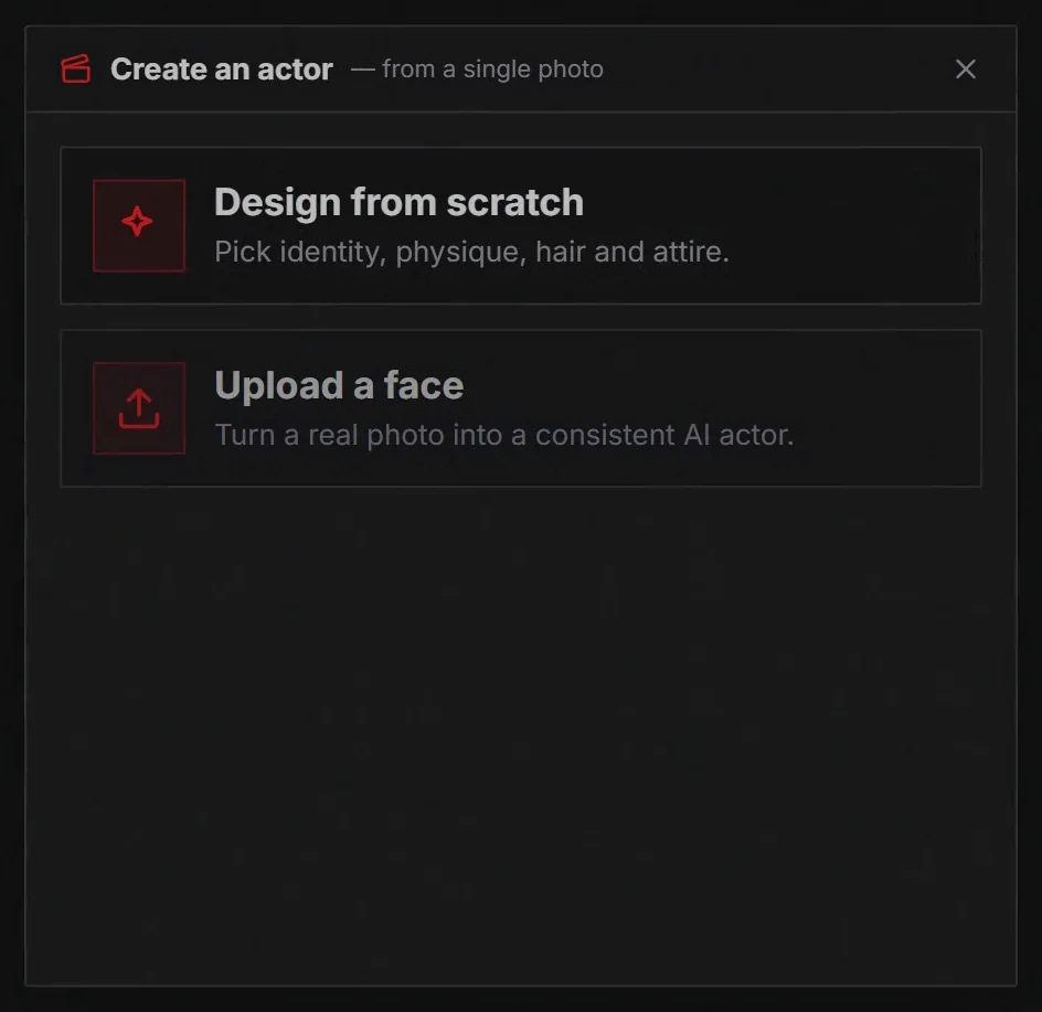 The Create an actor modal offering Design from scratch or Upload a face