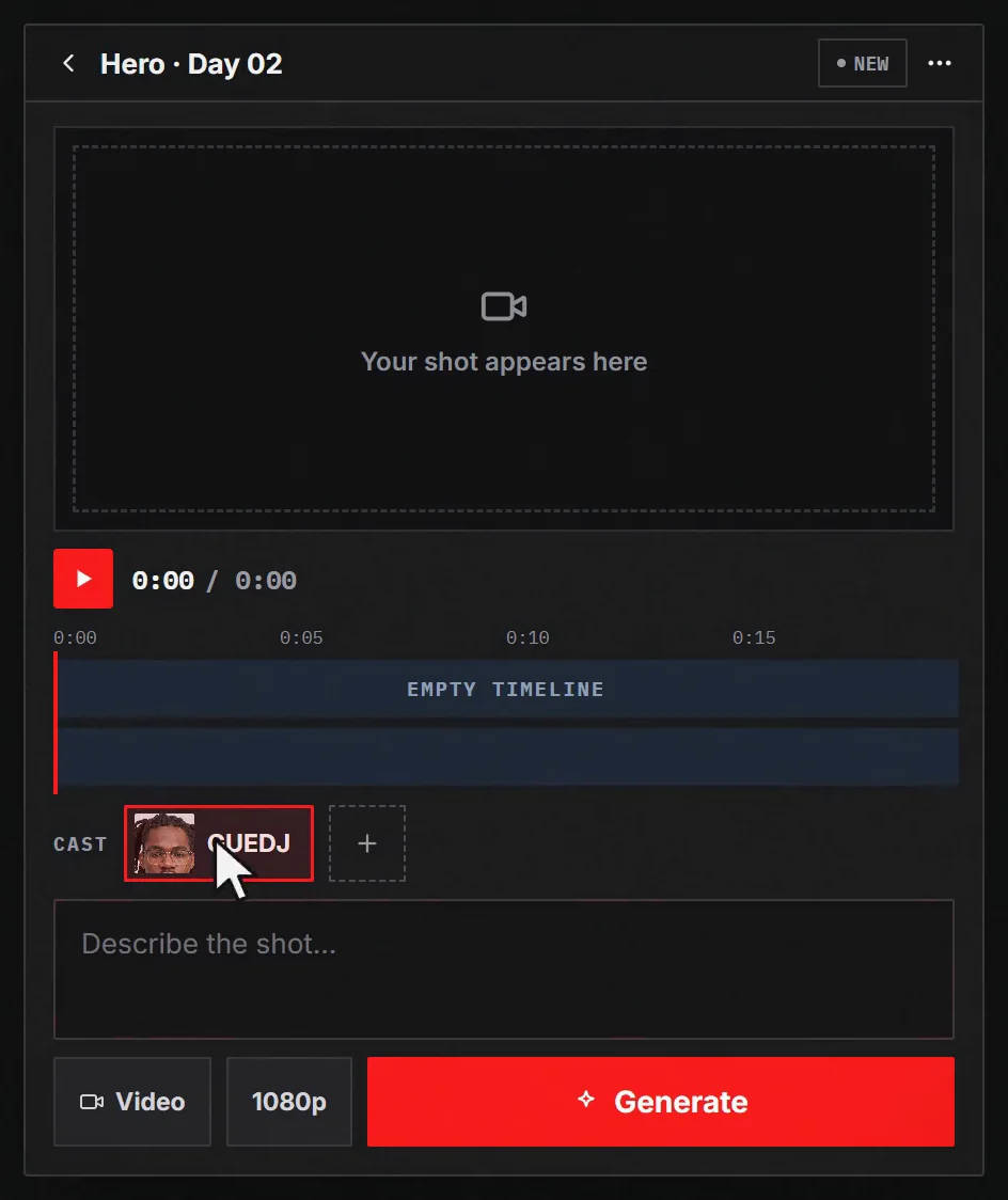 The editor with the actor added to the cast and an empty prompt box
