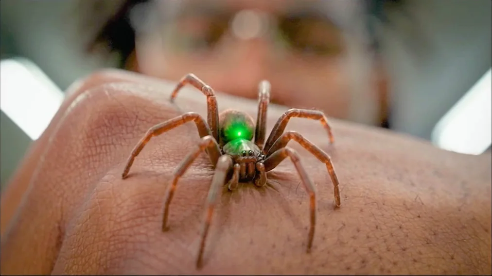 A spider marked with a green dot sits on a bare hand — the origin beat