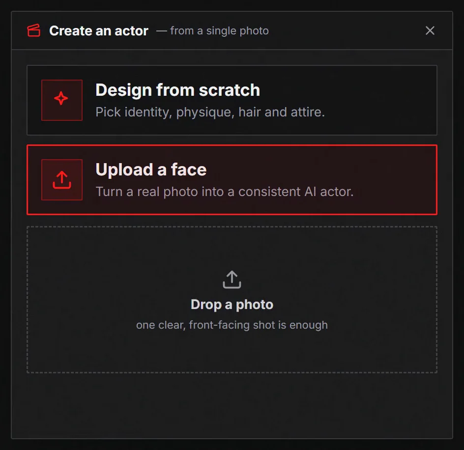 The upload panel: drop a photo, one clear front-facing shot is enough