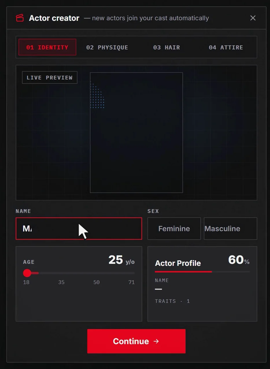 The Actor Creator identity tab — naming the character, setting sex and age, with a live preview panel
