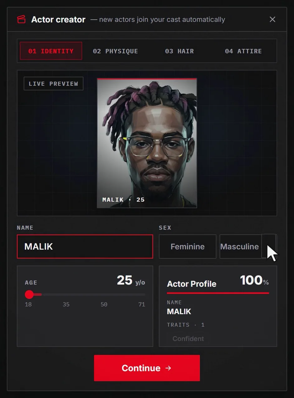 The same actor with the portrait generated and the actor profile meter at one hundred percent