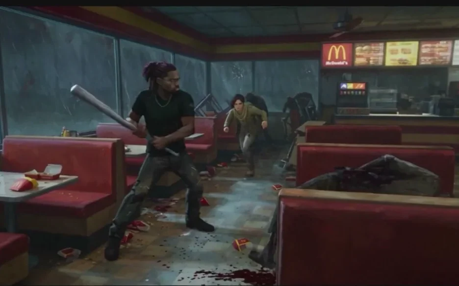 A survivor swings a bat at a walker inside a rain-lit diner