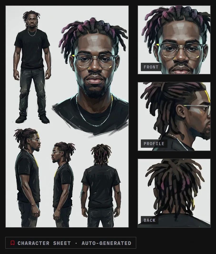 An auto-generated character sheet showing the survivor from the front, in profile, from behind, and a hair detail