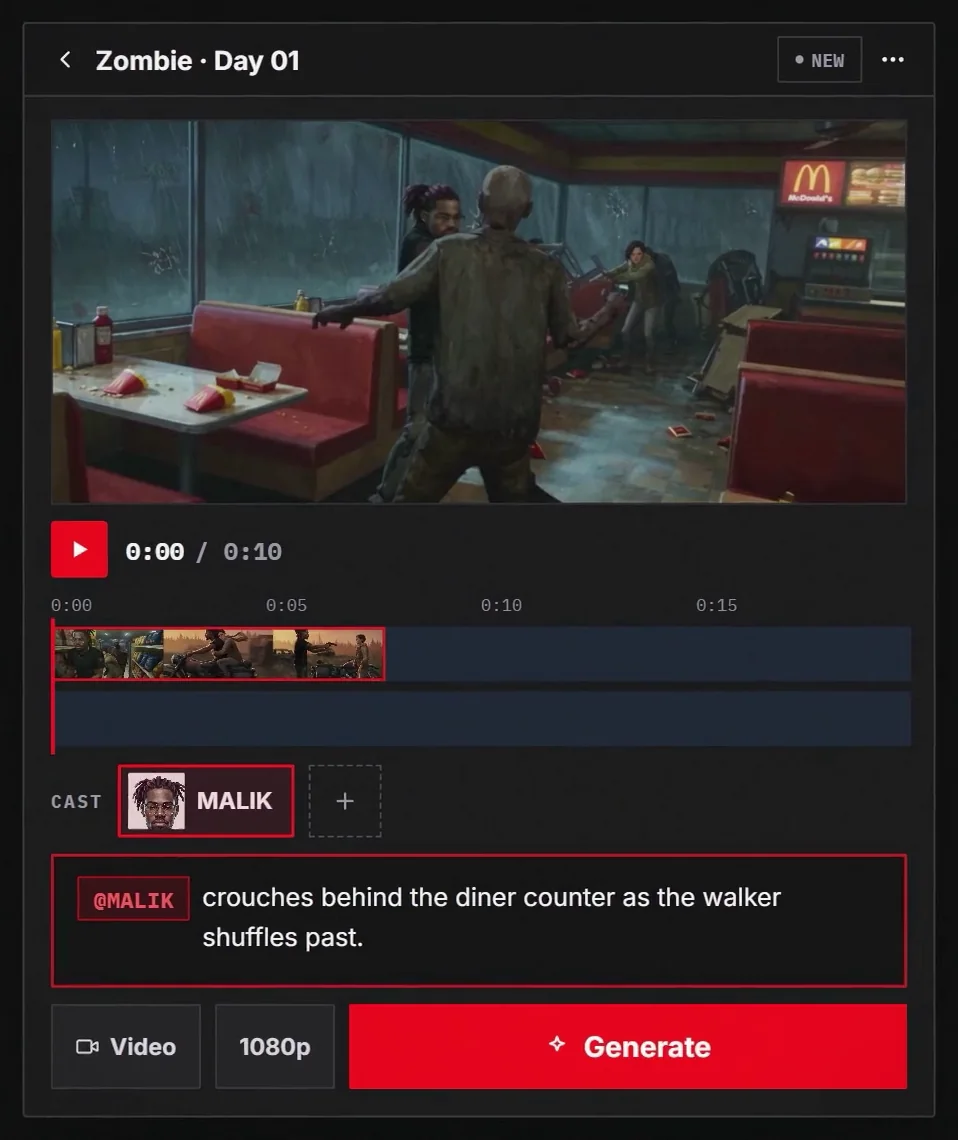 The generated diner shot playing in the editor preview with the clip now on the timeline