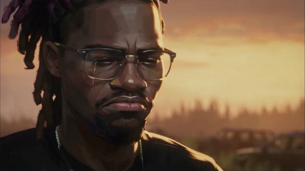 A tight close-up of the survivor, exhausted, a tear on his cheek at sunset