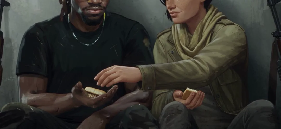Two survivors sit against a wall sharing food — the quiet beat between set pieces