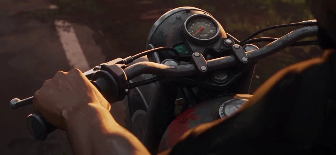 Two survivors ride a motorcycle away through open country