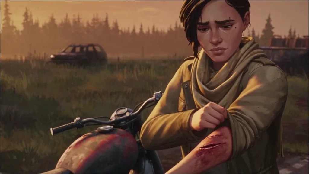 A survivor rides a motorcycle down an overgrown road at dusk