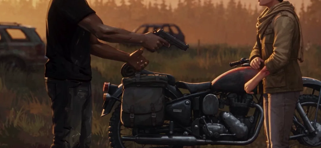 Two survivors face each other at gunpoint across a motorcycle at golden hour
