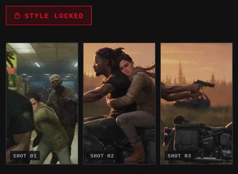 Three unrelated shots from the same project shown side by side under a STYLE LOCKED badge — every scene, same look