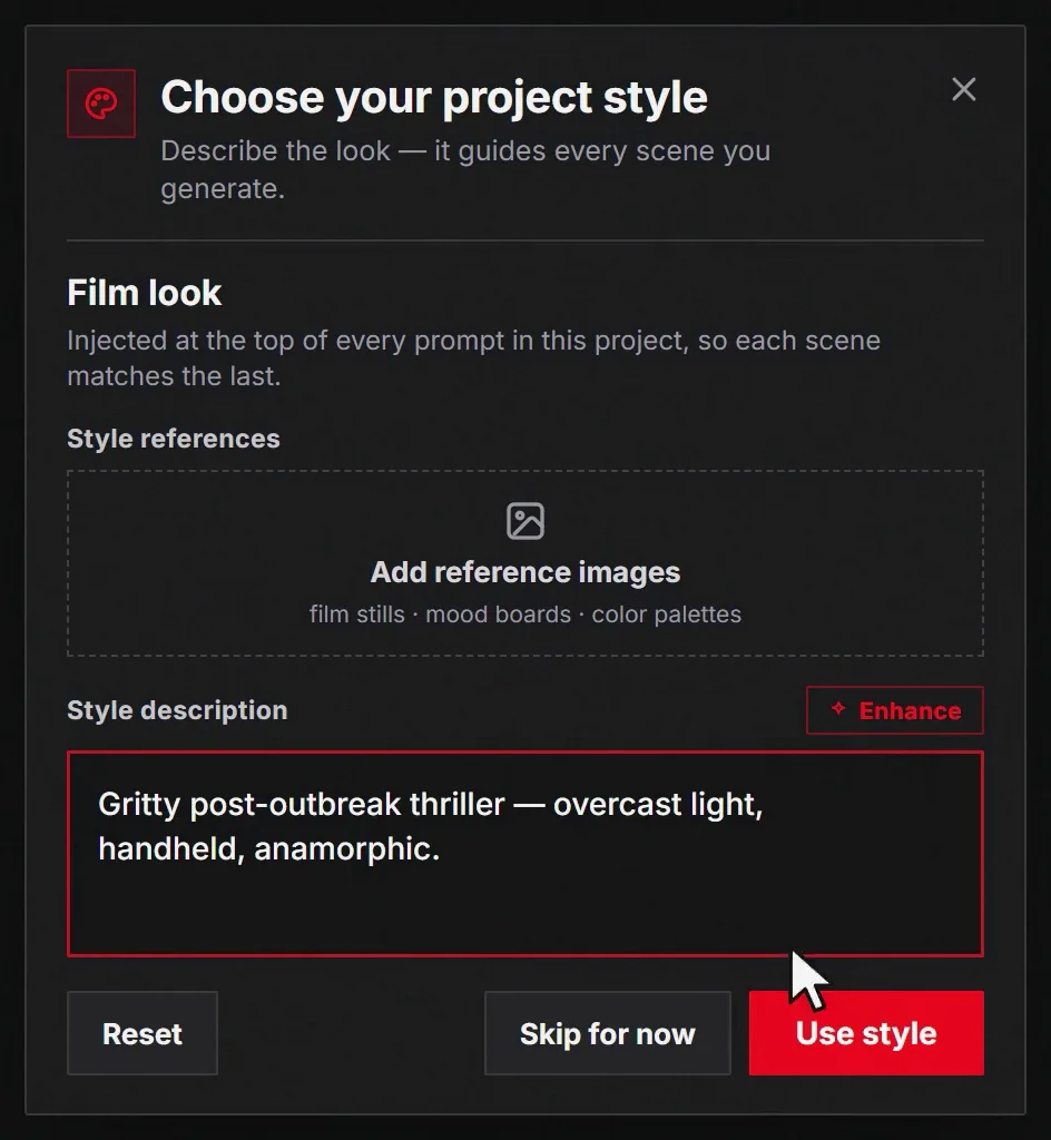 The Choose your project style modal with a film look description typed in and an Enhance button
