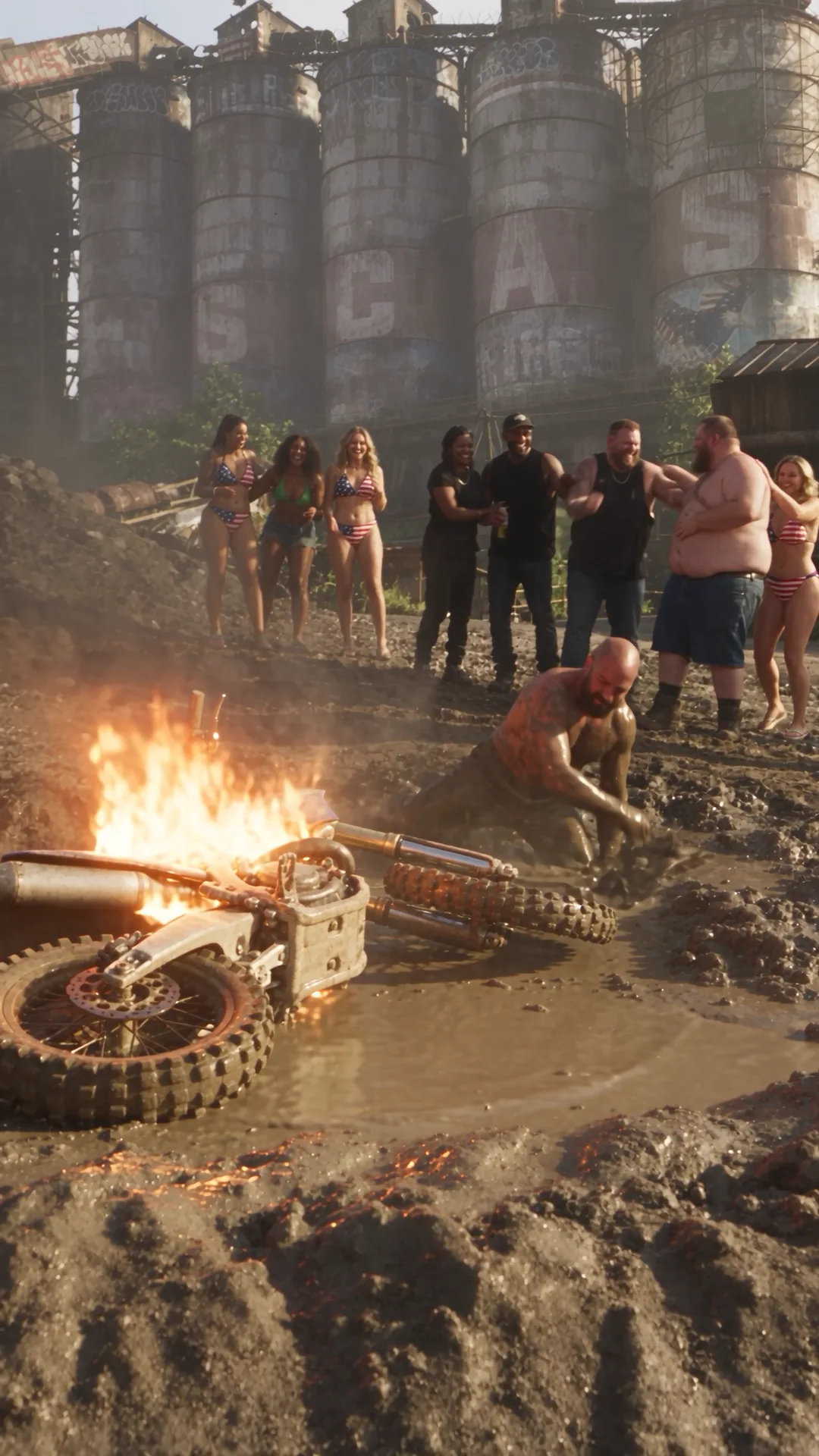 A dirt bike burns in the mud of an abandoned industrial quarry while a rider climbs out of a puddle and a crowd reacts